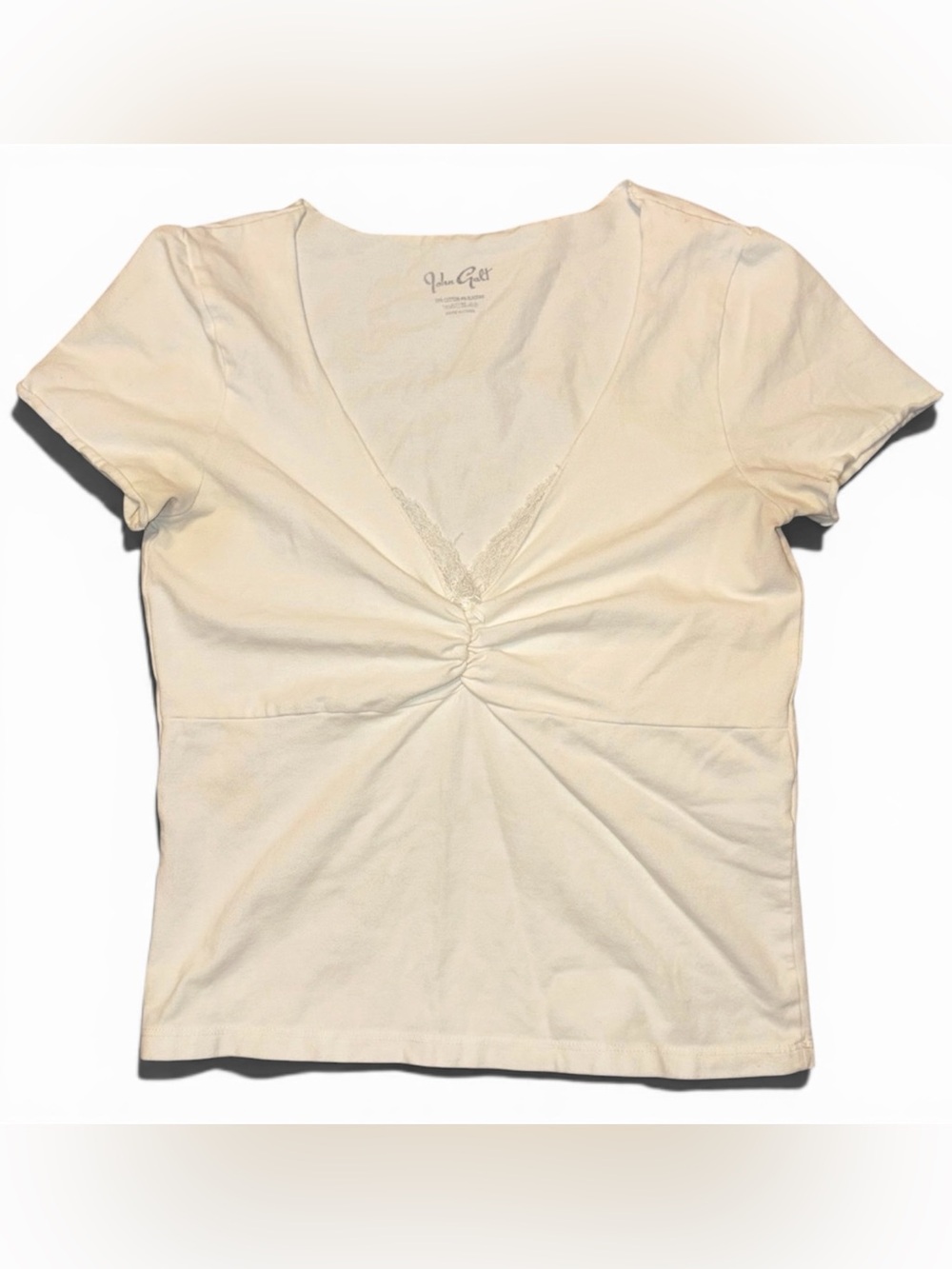John Galt White Gina Cinched Top, Short Sleeve, V-Neck Lace